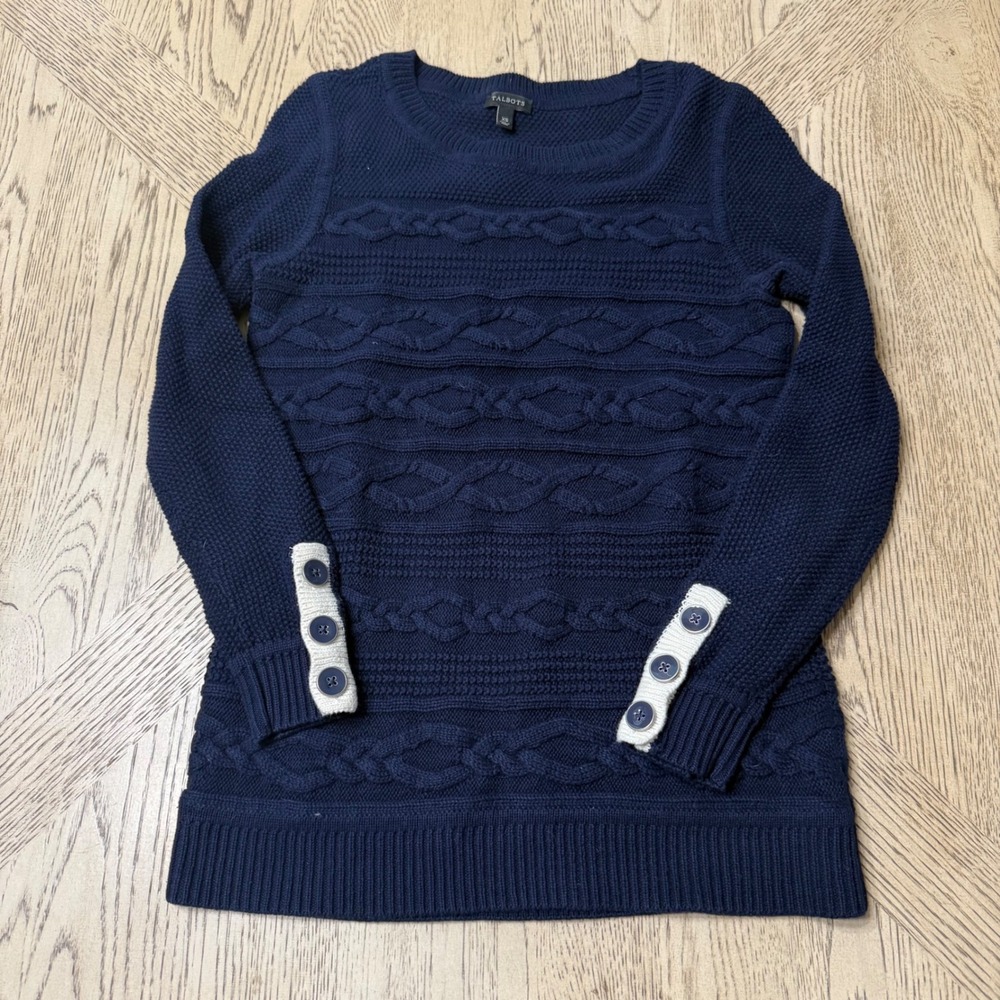Talbots Women's XS Blue Button‎ Cuff Long Sleeve Pullover Cable Knit Sweater